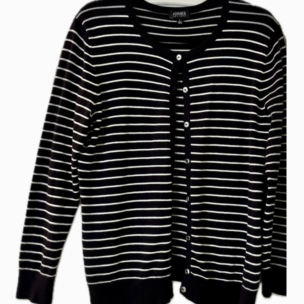 Jones New York Black and White Striped Women's Cardigan Sweater Size Large